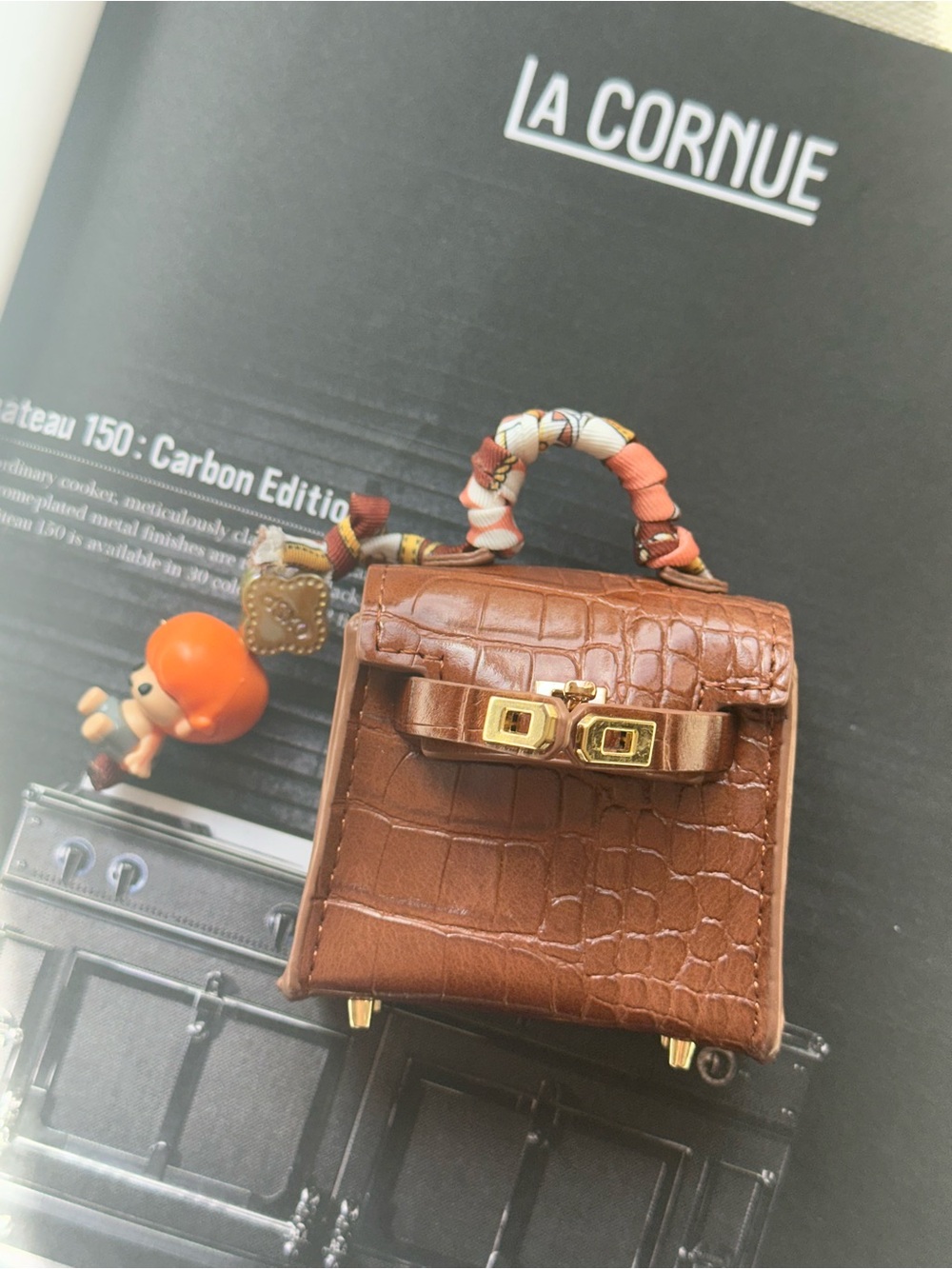 Mini Croc-Embossed birkin Top-Handle Bag Charm in Brown with Orange character